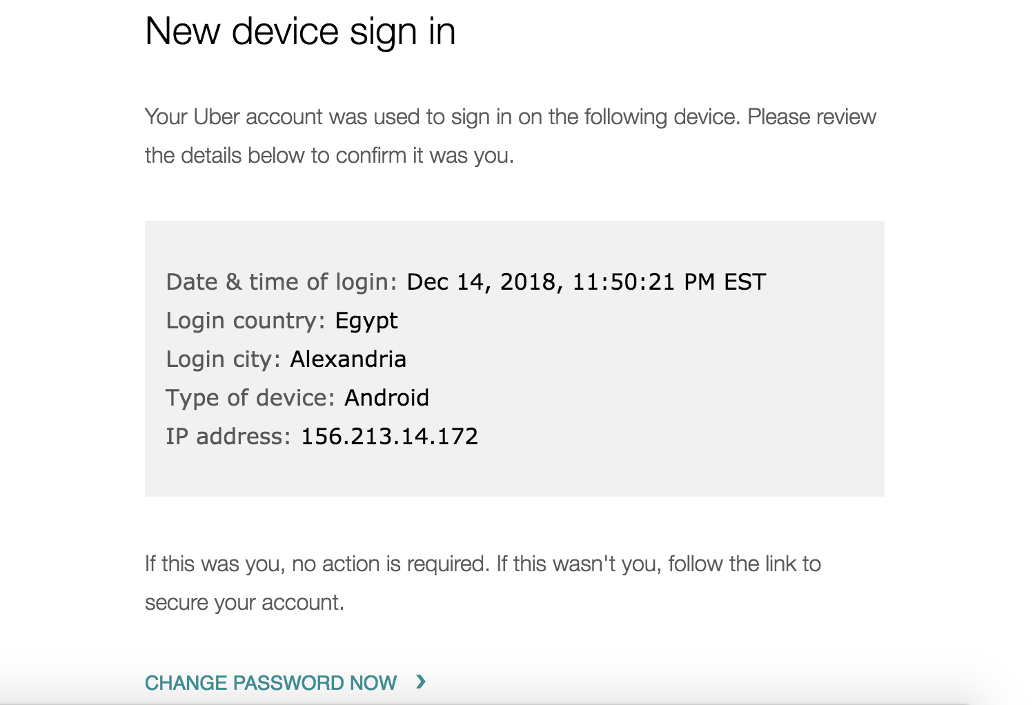 uber new device sign in password change